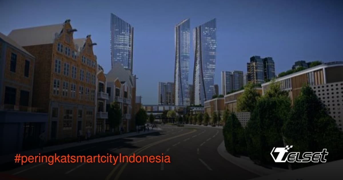Peta digital kota pintar dengan ikon teknologi dan infrastruktur modern