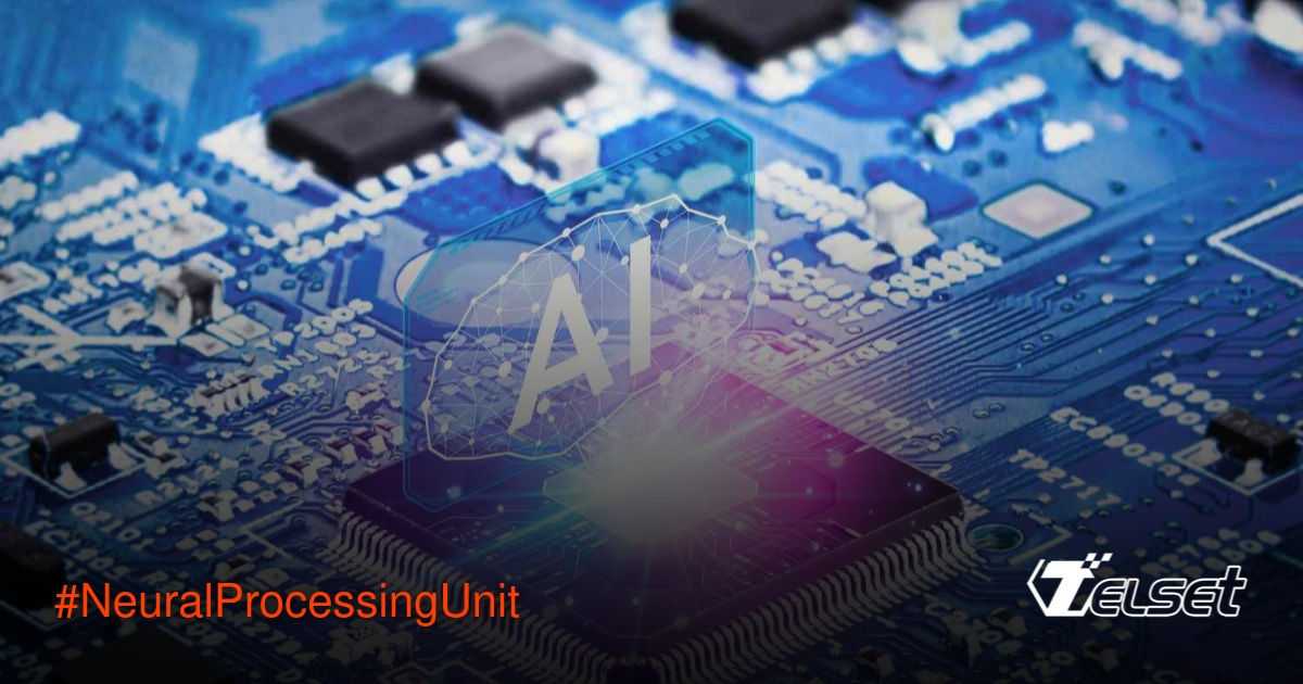 Ilustrasi mikroprosesor NPU dengan efek AI dan sirkuit elektronik canggih