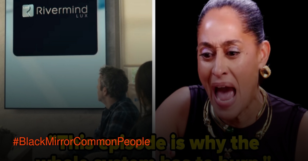 Karakter utama dalam episode "Common People" dari serial "Black Mirror" terlihat tegang dalam sebuah adegan dramatis.