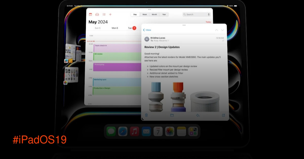 Ilustrasi iPad dengan tampilan multitasking seperti macOS