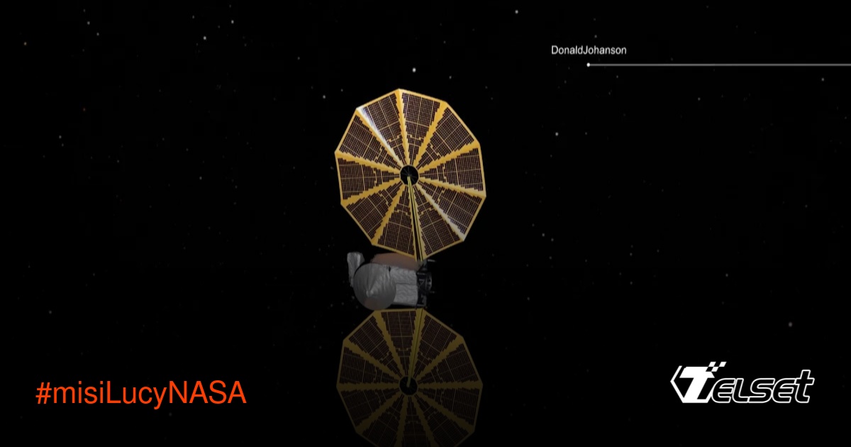 Ilustrasi pesawat luar angkasa Lucy mendekati asteroid Donaldjohanson
