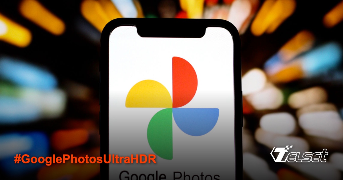 Smartphone menampilkan logo Google Photos dengan latar belakang warna-warni