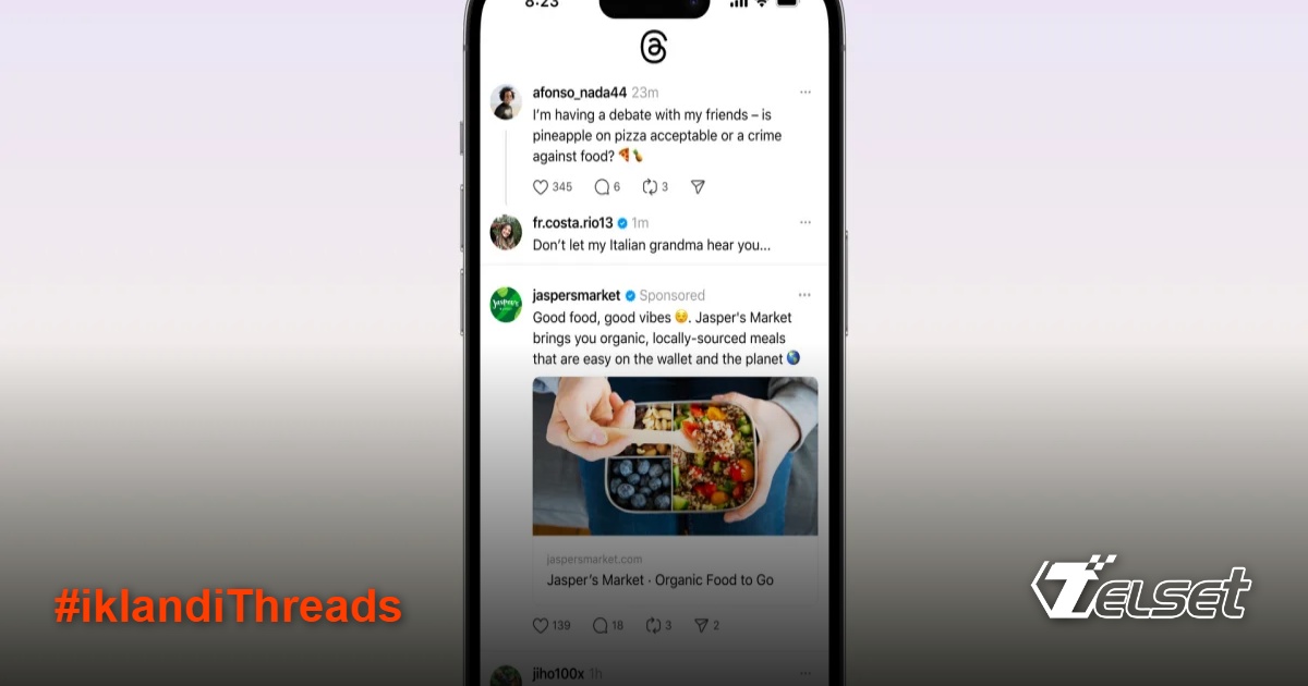 Antarmuka Threads dengan tampilan iklan di antara konten