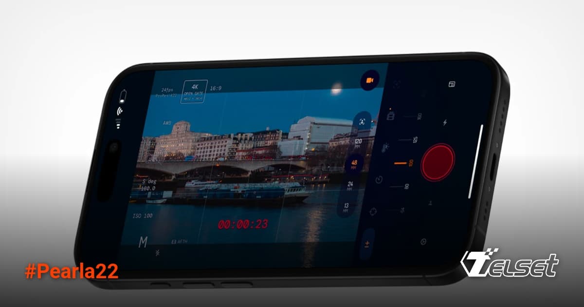Smartphone menampilkan antarmuka aplikasi kamera Pearla 2.2 sedang merekam video pemandangan kota