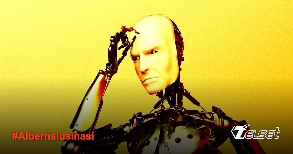 Ilustrasi AI yang sedang berhalusinasi dengan latar belakang kode digital