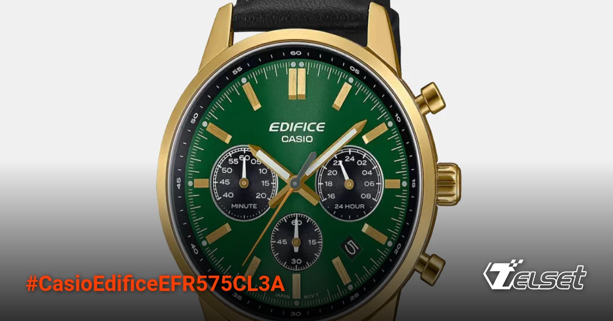 Casio Edifice EFR-575CL-3A dengan dial hijau sunburst dan bingkai emas