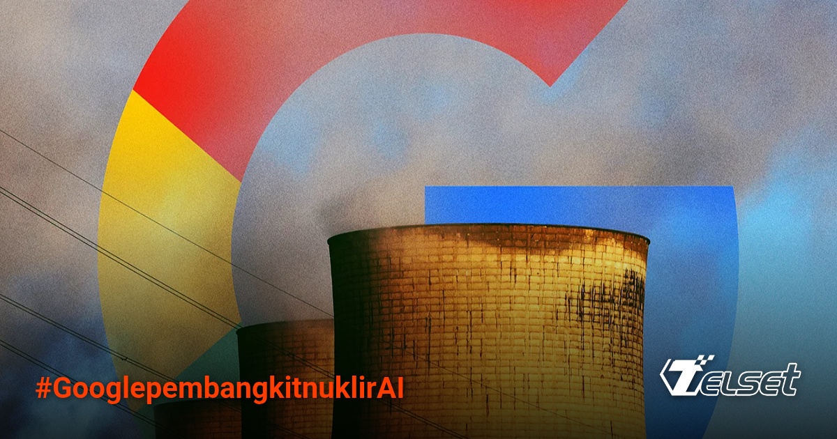 Ilustrasi pusat data AI dengan latar pembangkit nuklir