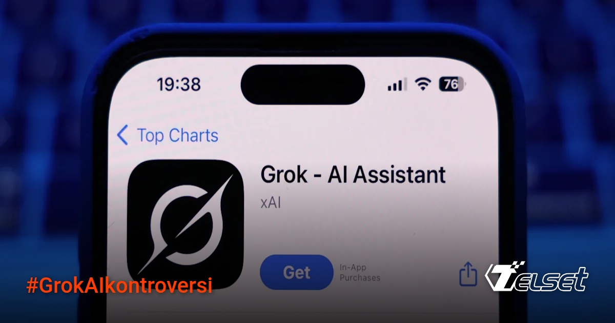 Elon Musk dan logo xAI di latar belakang chatbot Grok