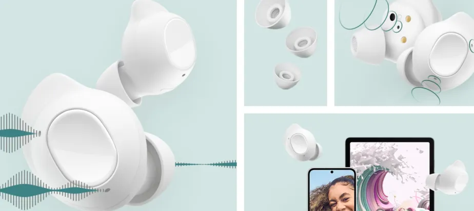 Ilustrasi Samsung Galaxy Buds Core dengan desain stem dan case putih