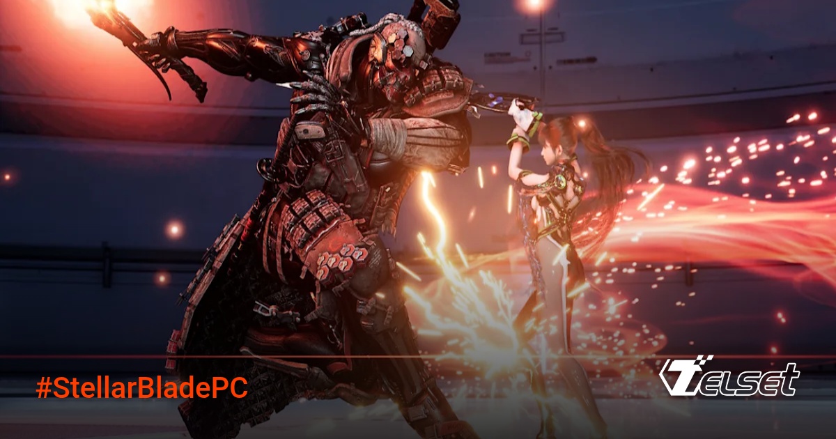 Karakter utama Stellar Blade dalam pose aksi dengan latar belakang futuristik