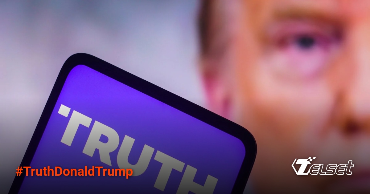 Truth Social logo appears on a smartphone in front of Donald Trump