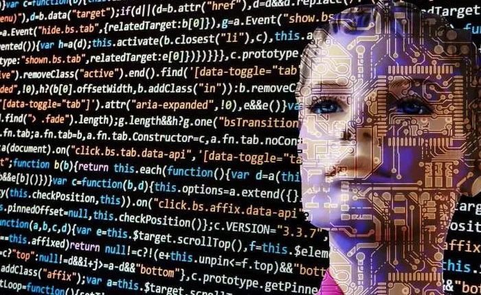 Ilustrasi kecerdasan buatan dengan simbol otak dan sirkuit digital