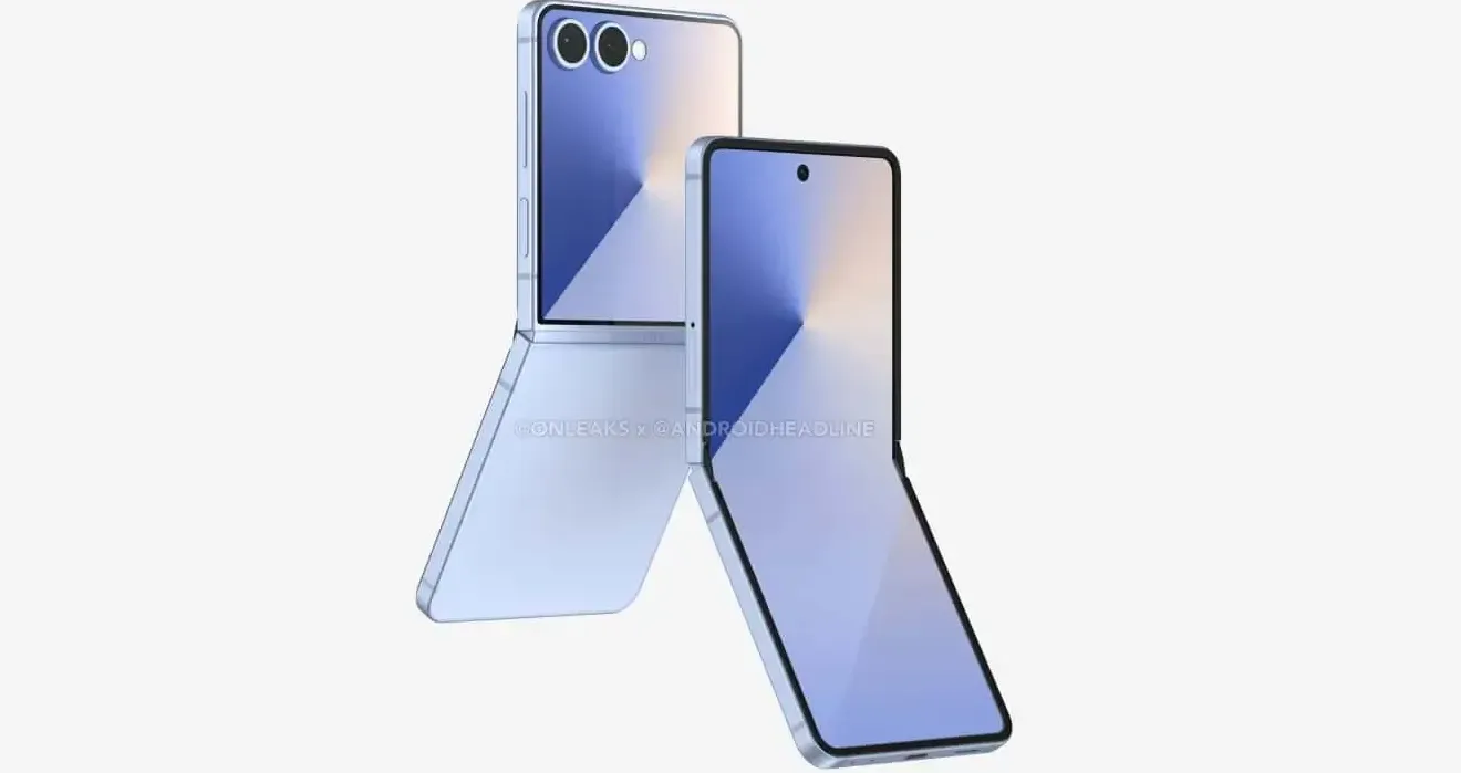 Render Samsung Galaxy Z Flip 7 dengan desain lipat dan layar cover edge-to-edge