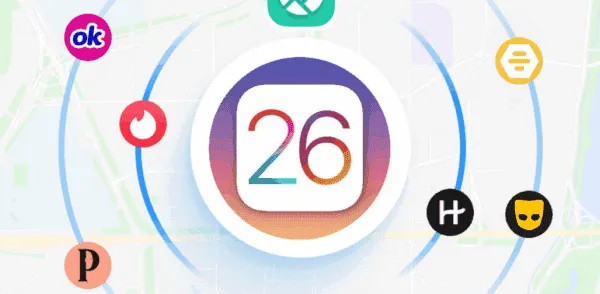 iPhone dengan tampilan iOS 26 dan ikon lokasi GPS