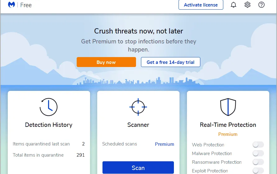 Screenshot antarmuka Malwarebytes Free scanner di Windows 10