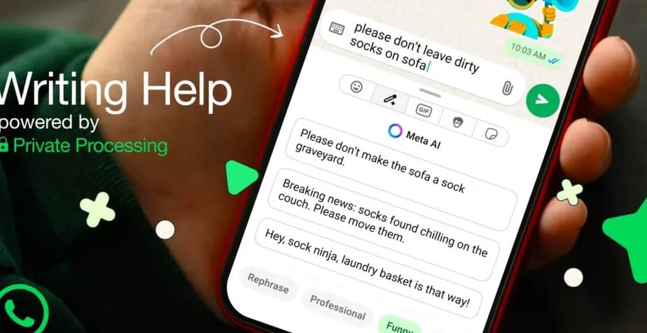 Ilustrasi fitur WhatsApp Writing Help dengan ikon pensil dan saran teks AI