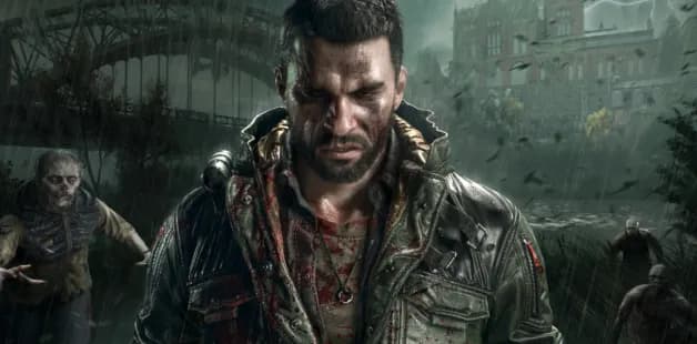 Dying Light: The Beast - Kyle Crane berjaket berlumuran darah berdiri di tengah hujan dikelilingi zombie di setting pasca-apokaliptik