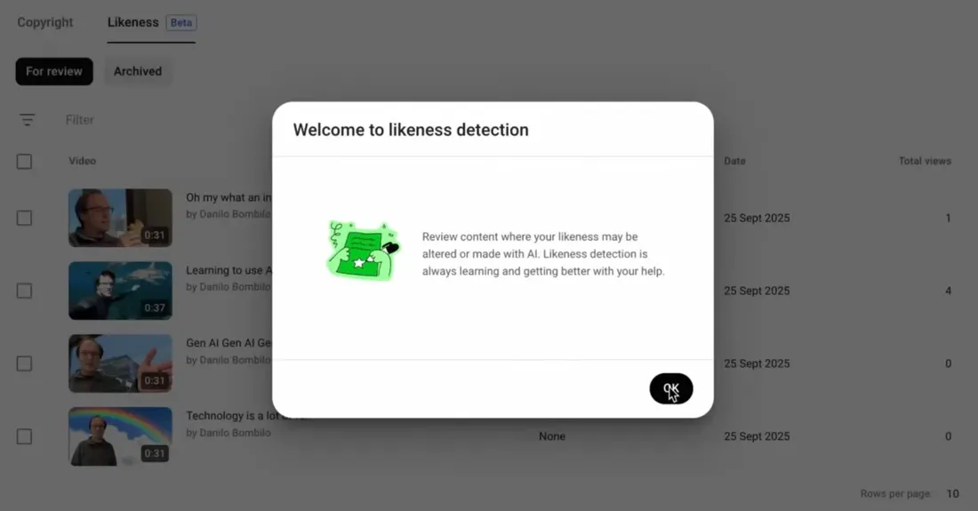 Tampilan antarmuka alat deteksi kemiripan wajah AI YouTube di YouTube Studio