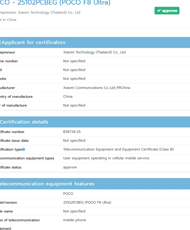 Sertifikasi NBTC untuk smartphone Poco F8 Ultra dengan model number 25102PCBEG terlihat di database resmi