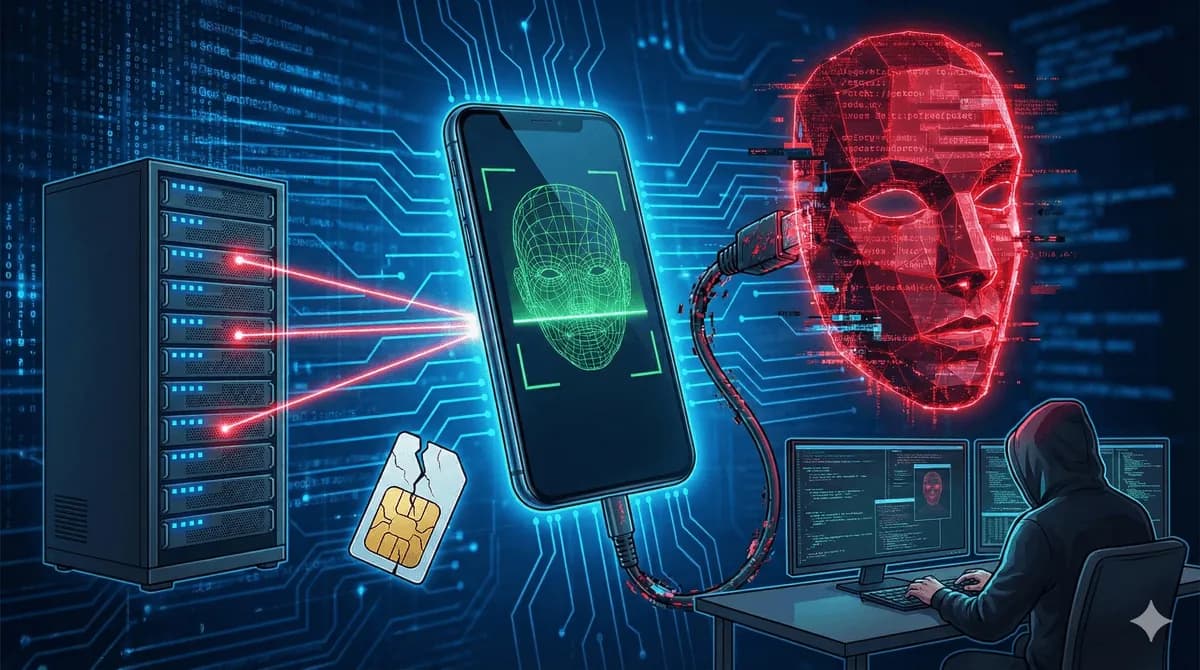 Ilustrasi digital wajah manusia yang sedang dipindai namun separuh wajahnya adalah kode biner, melambangkan serangan deepfake injection.