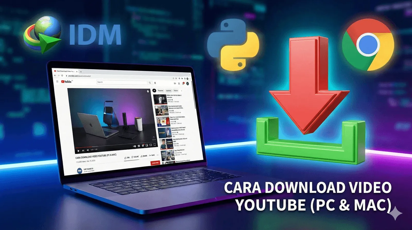 Ilustrasi cara download video YouTube ke komputer dan laptop menggunakan IDM, EaseUS, dan Command Line.