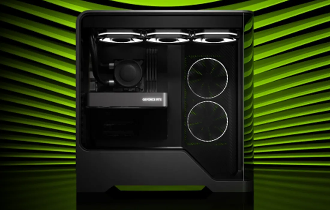 Ilustrasi kartu grafis Nvidia GeForce RTX 5060 yang sedang terpasang di motherboard PC gaming.