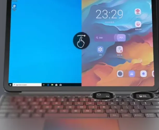 Cloud AI Pad China Unicom, tablet 5G hitam dengan keyboard accessory terpasang, menampilkan layar beranda Android.