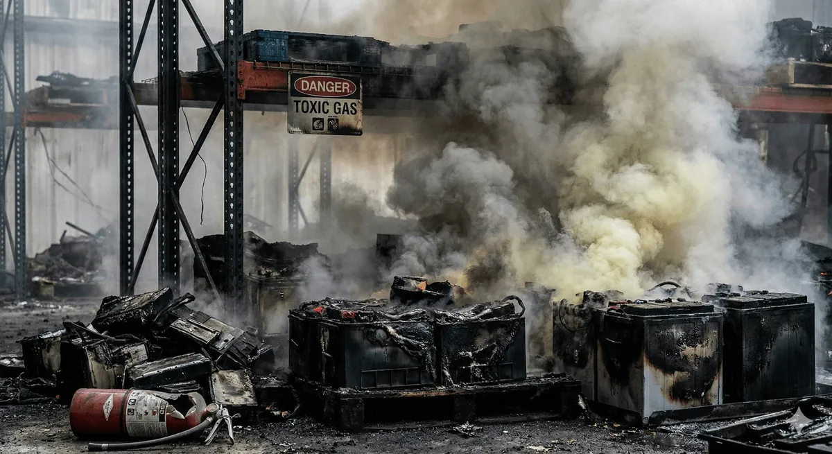 Ilustrasi gudang pasca tragedi Terra Drone: tumpukan baterai litium hangus yang mengeluarkan asap beracun thermal runaway dan tabung APAR yang gagal berfungsi.