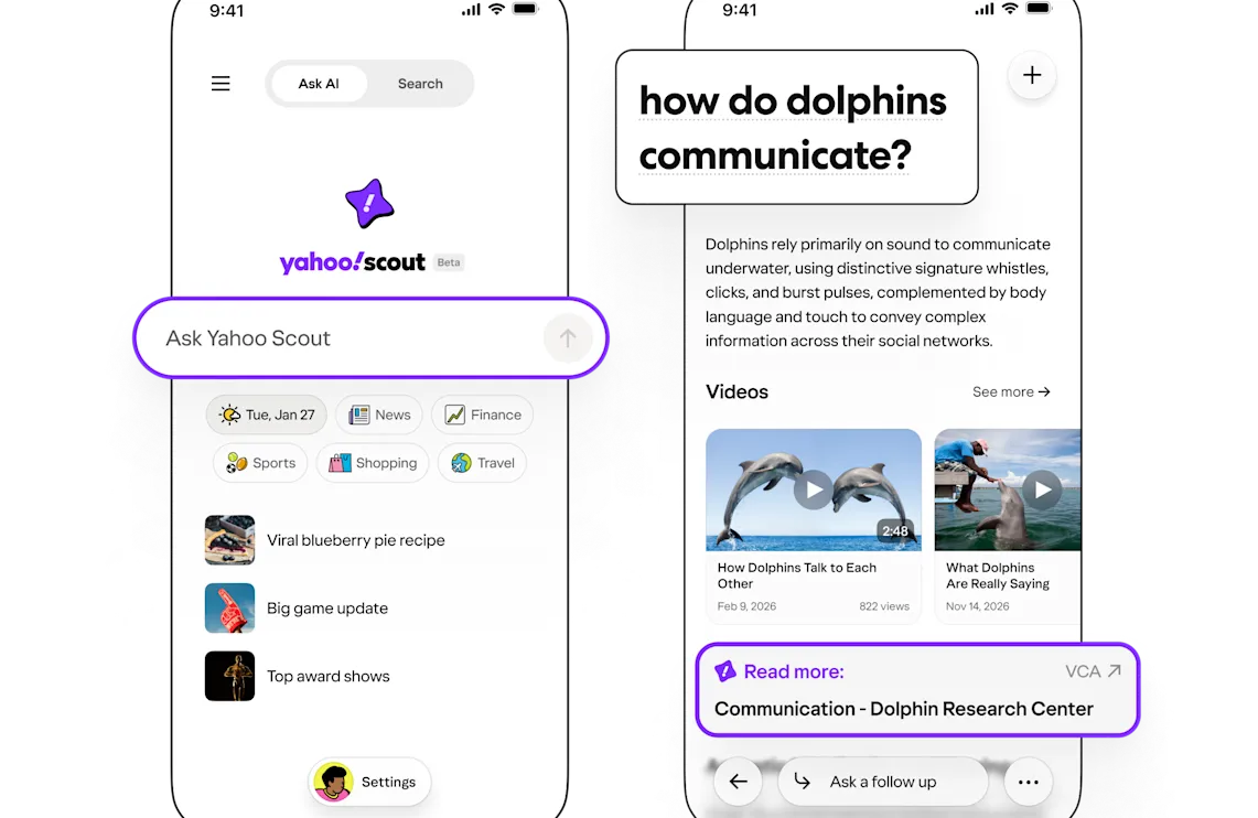 Ilustrasi logo Yahoo dengan latar belakang teknologi jaringan digital futuristik yang merepresentasikan Yahoo Scout.