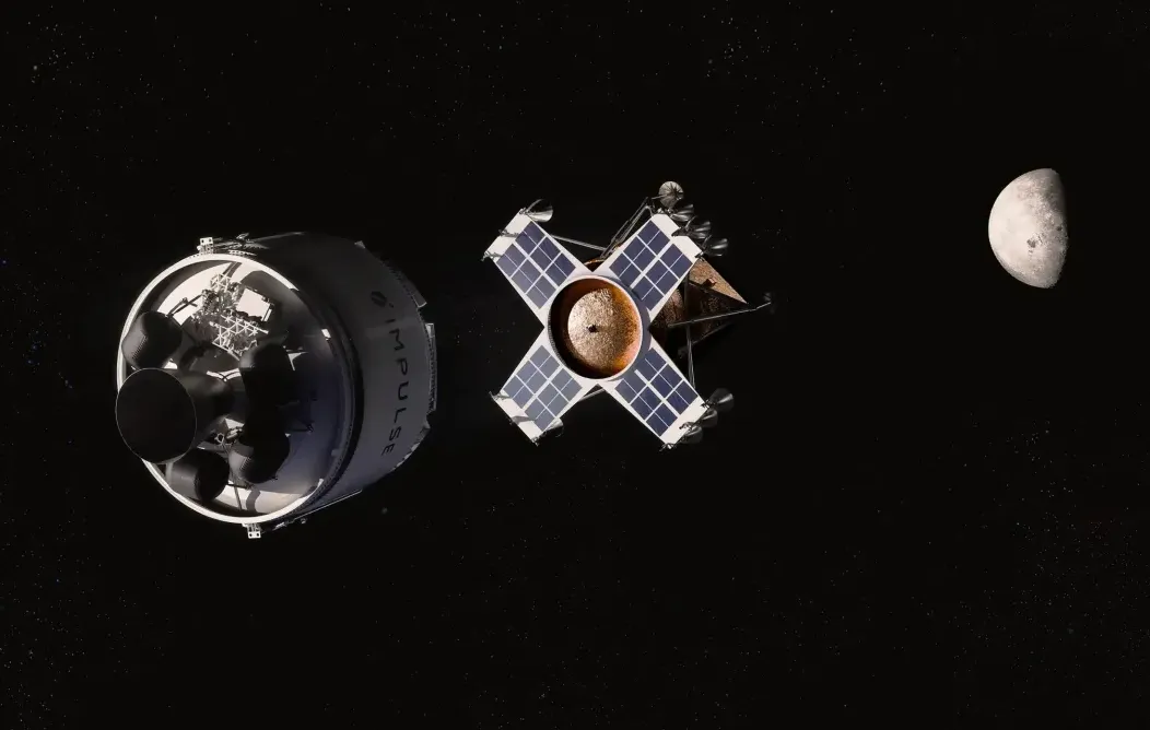 Ilustrasi wahana antariksa Impulse Space di orbit dekat bulan dengan latar bintang