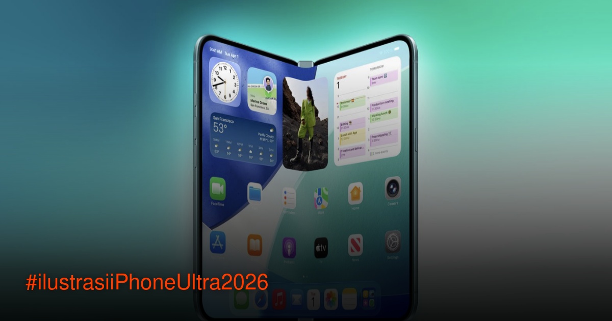 Ilustrasi konsep smartphone lipat iPhone Ultra dengan layar terbuka