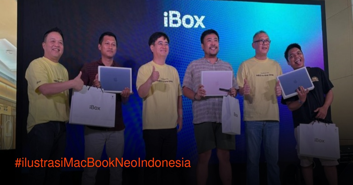 Acara peluncuran MacBook Neo di Jakarta dengan latar panggung dan layar besar menampilkan produk