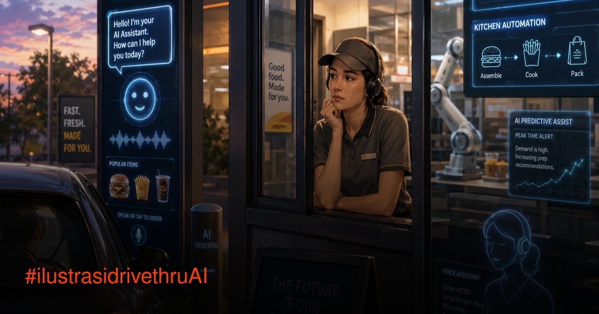 Ilustrasi pegawai drive thru diganti AI dibuat dengan ChatGPT