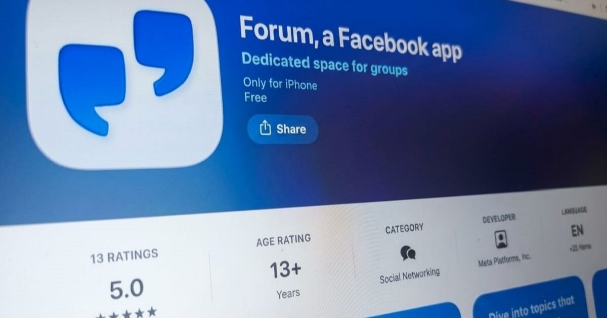 Tampilan antarmuka aplikasi Forum dari Meta yang menampilkan feed diskusi grup dengan tata letak mirip Reddit