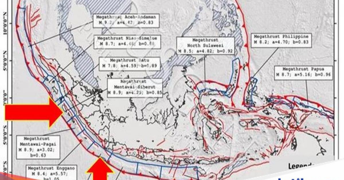 Peta zona megathrust di Indonesia yang menunjukkan potensi gempa besar