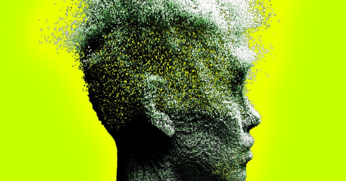 Ilustrasi digital profil kepala manusia dari piksel dengan latar gradien hijau-kuning