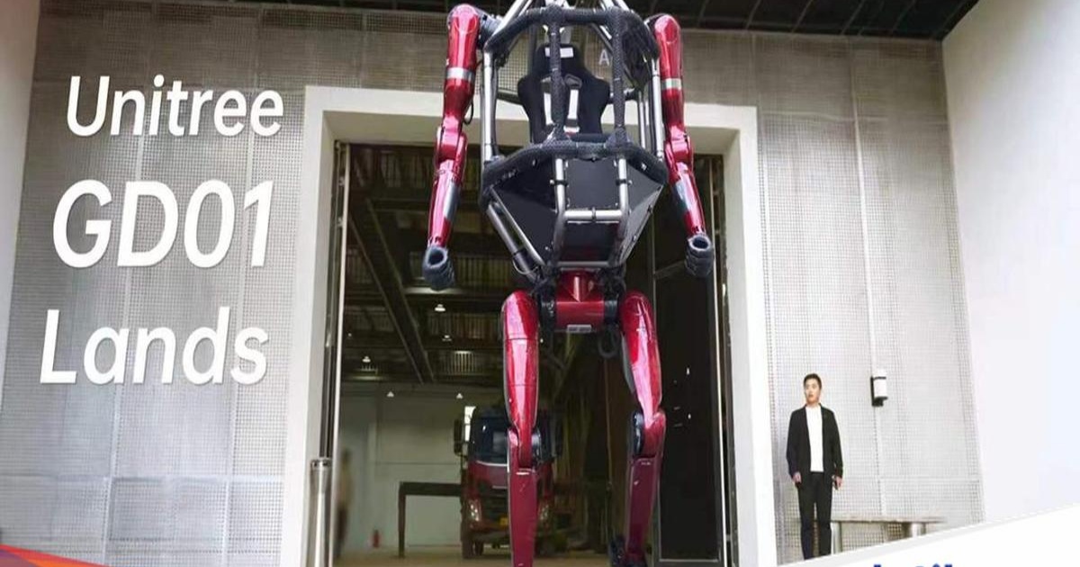 Robot raksasa Unitree GD01 berwarna putih dengan desain mecha futuristik