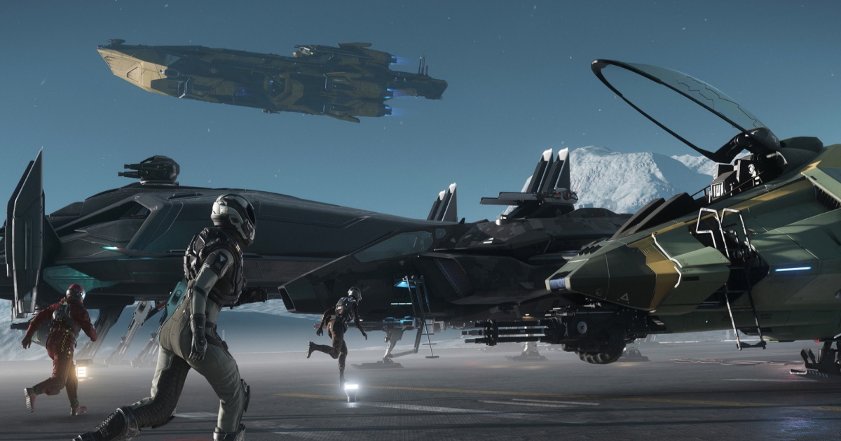 Pilot mendekati pesawat luar angkasa sementara pesawat lain lepas landas di Star Citizen