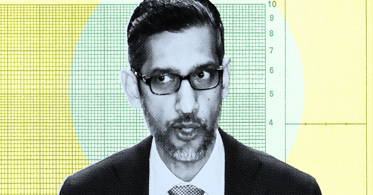 Ilustrasi Google CEO Sundar Pichai dengan latar grafik dan grid berwarna kuning dan biru