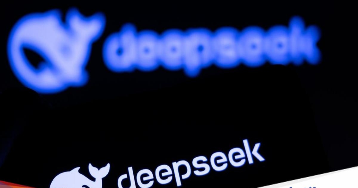 Ilustrasi logo DeepSeek dengan latar belakang biru