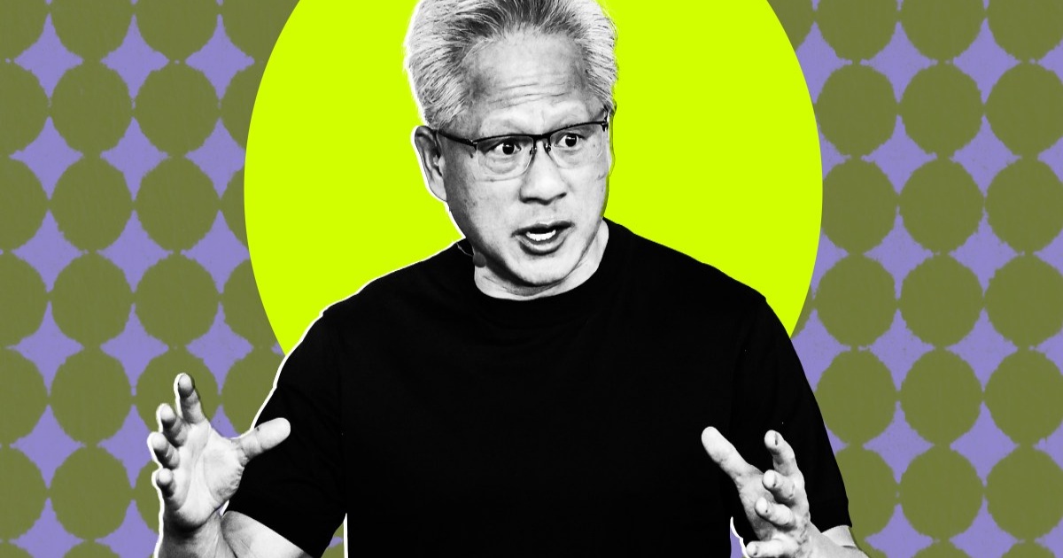 Potret hitam putih CEO Nvidia Jensen Huang dengan efek sablon warna ungu dan hijau zaitun
