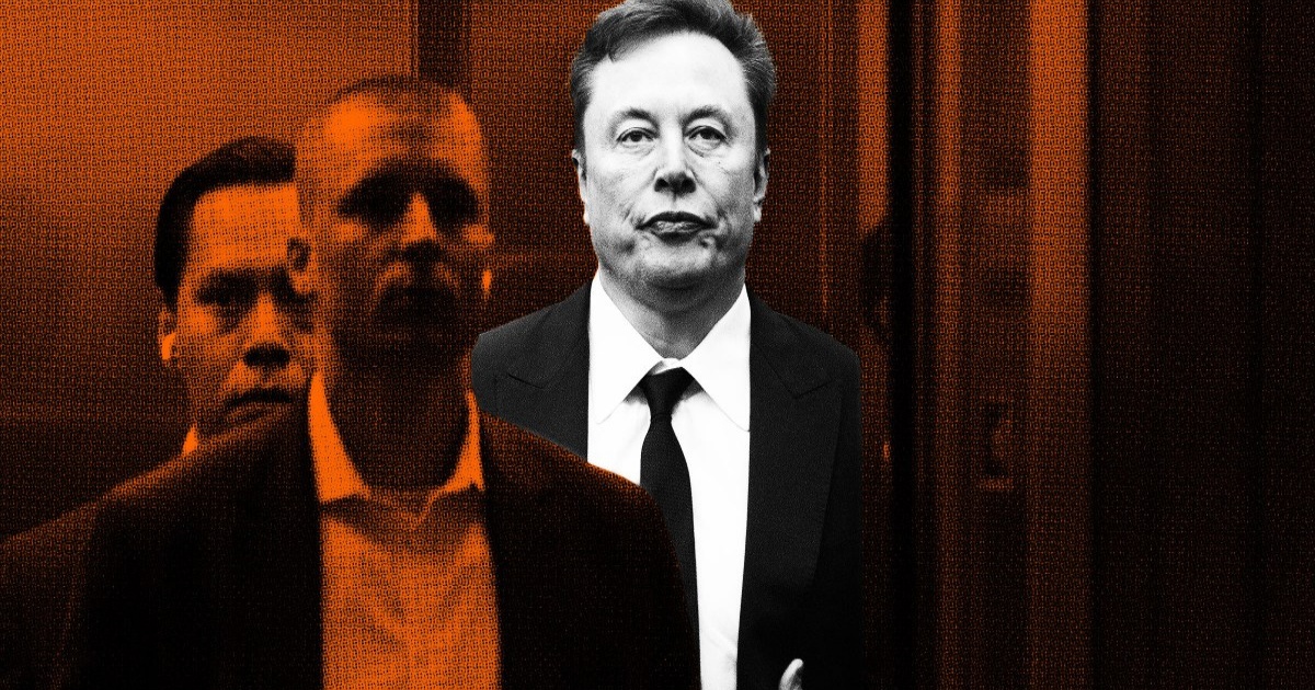 Potret Elon Musk dengan efek warna koran di atas latar belakang oranye