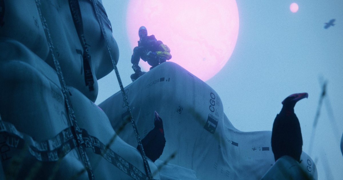 Marathon's Rook shell sits on top of a covered structure with Tau Ceti 4's moons in the background.