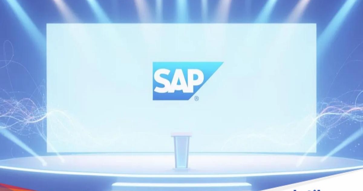 Ilustrasi logo SAP dengan latar belakang biru dan putih yang merepresentasikan solusi enterprise cloud.