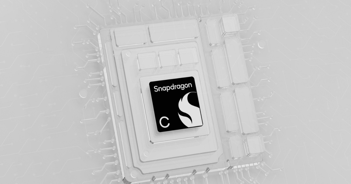 Ilustrasi prosesor Qualcomm Snapdragon C dengan desain futuristik di latar abu-abu