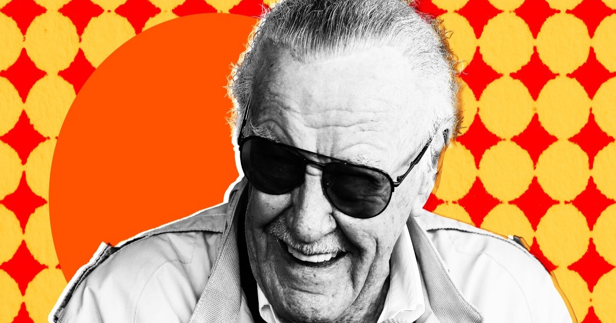 Potret hitam putih Stan Lee dengan efek screenprint warna merah dan kuning