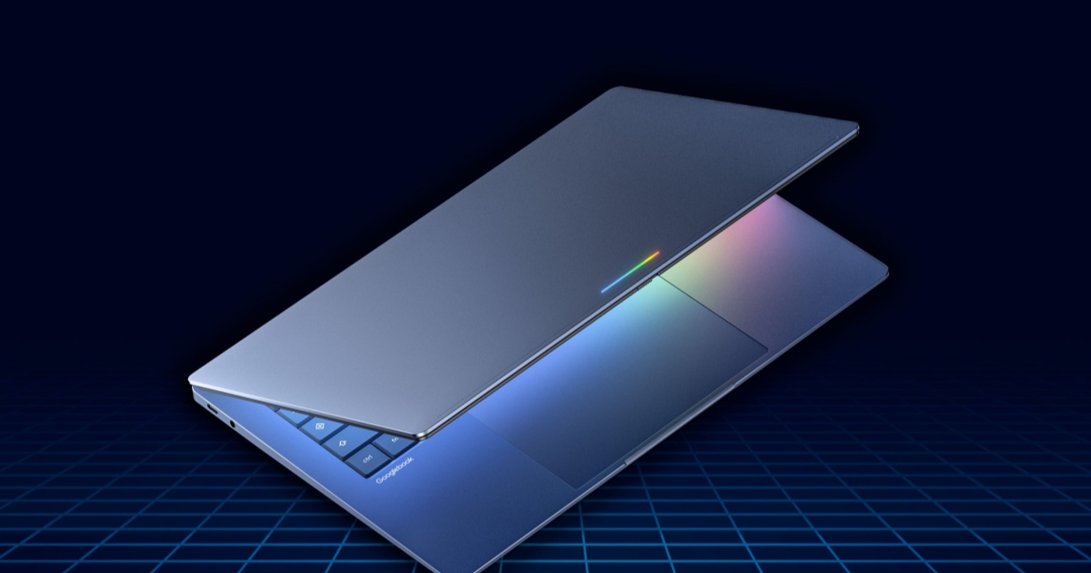 Laptop Googlebook premium dengan desain ramping dan logo Google di tutupnya