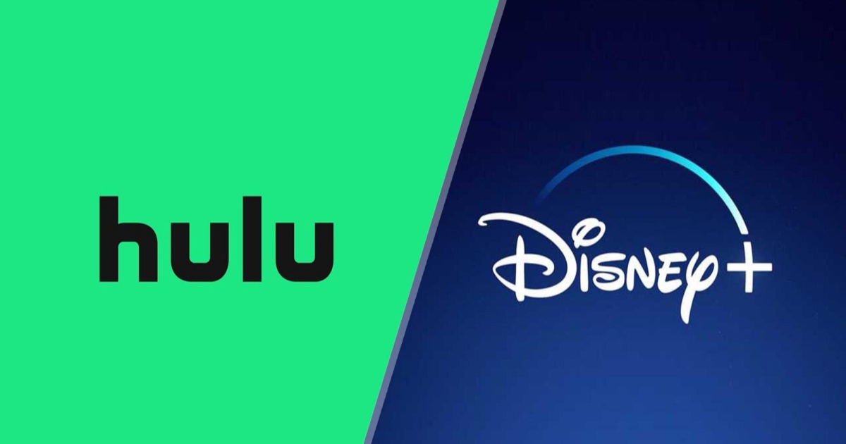 Logo Hulu dan Disney Plus bersebelahan sebagai representasi merger layanan streaming