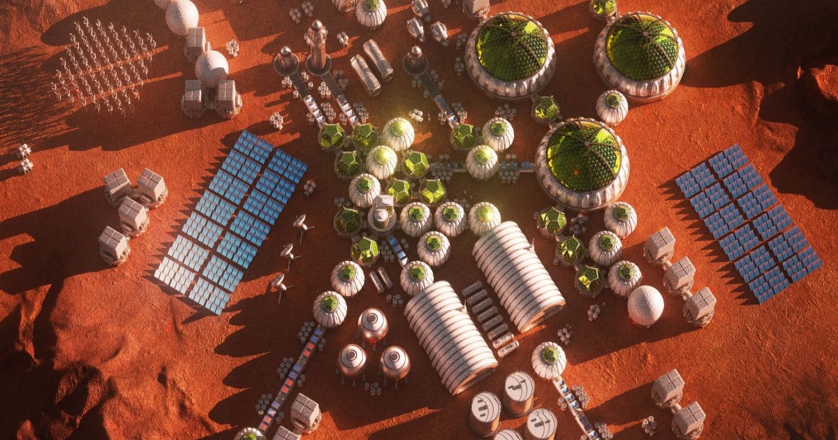 Ilustrasi koloni Mars dengan rumah kaca dan struktur di permukaan planet merah