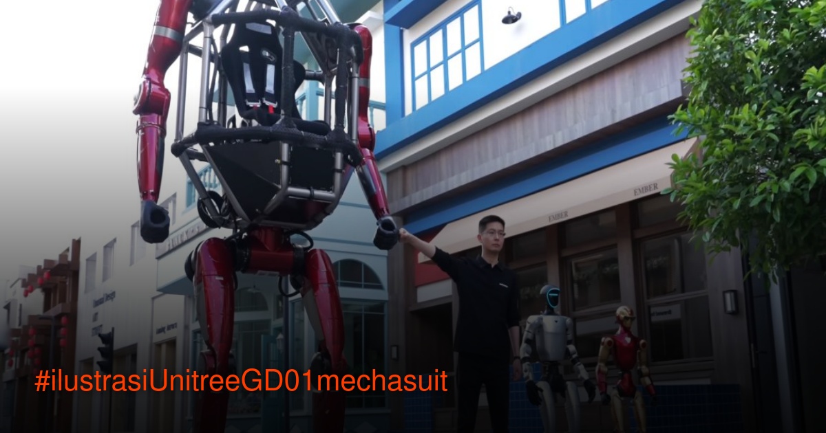 Unitree GD01 mecha suit merah besar berdiri di jalan dengan latar bangunan kota
